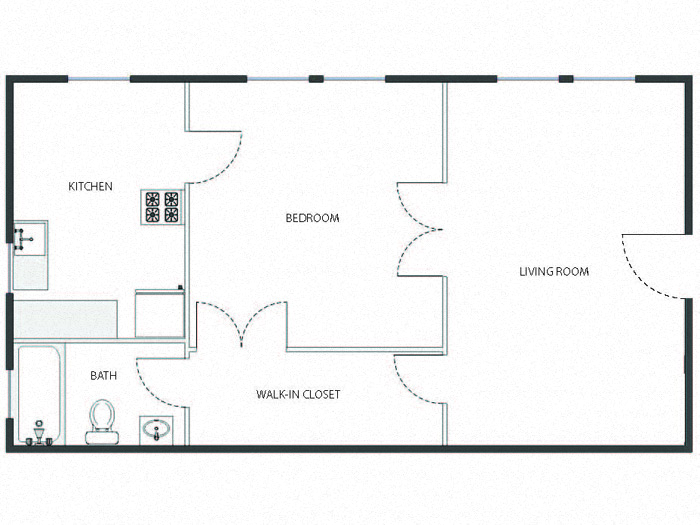 Floor plan for 1 bed, 1 bath, 610 sqft